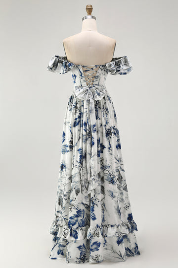 Blue Floral Ruffled Off The Shoulder A Line Bridesmaid Dress